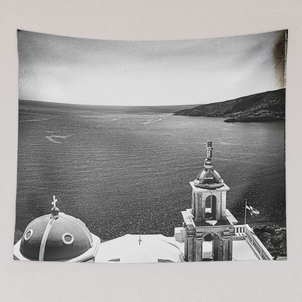 Item preview, Black and white photo, church on a cliff designed and sold by IdoFriedmanArt.
