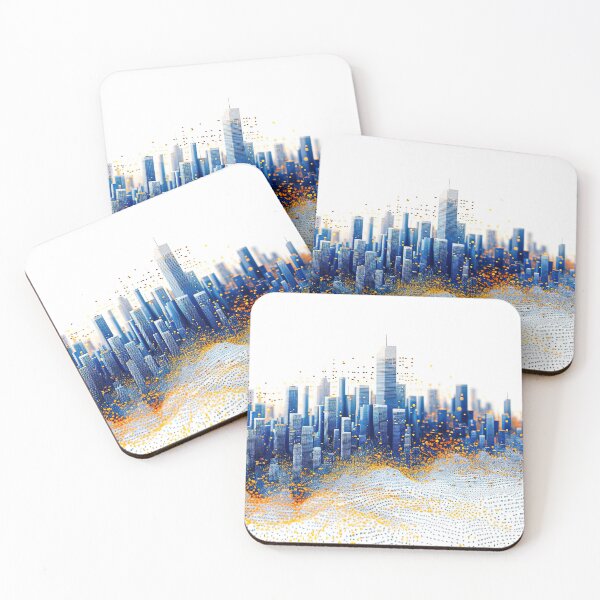 Item preview, Blue and yellow pointillism urban architecture designed and sold by Mobius Spot Collective.