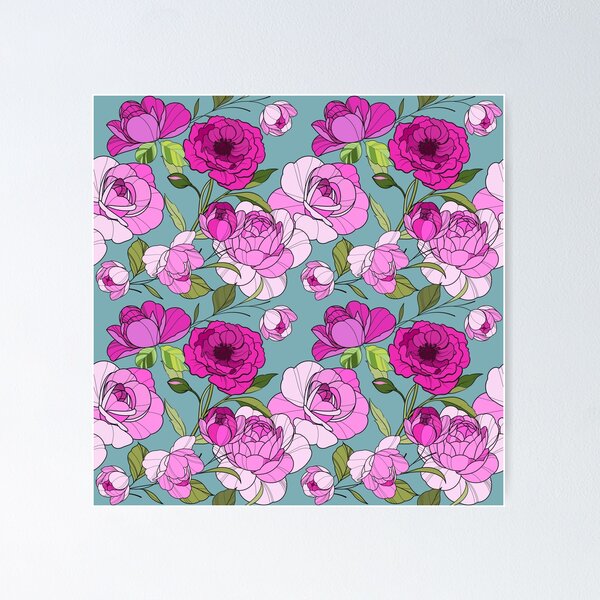 Pink peonies on blue Poster