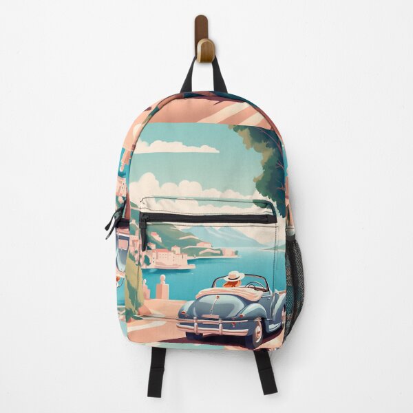 Item preview, Capri. Retro vintage illustration of a girl in a light blue car. designed and sold by GoldenTimesCafe.