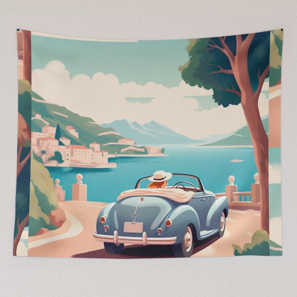 Item preview, Capri. Retro vintage illustration of a girl in a light blue car. designed and sold by GoldenTimesCafe.