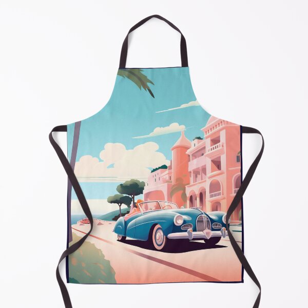 Item preview, Cannes Retro vintage illustration of a car in the blue coast designed and sold by GoldenTimesCafe.