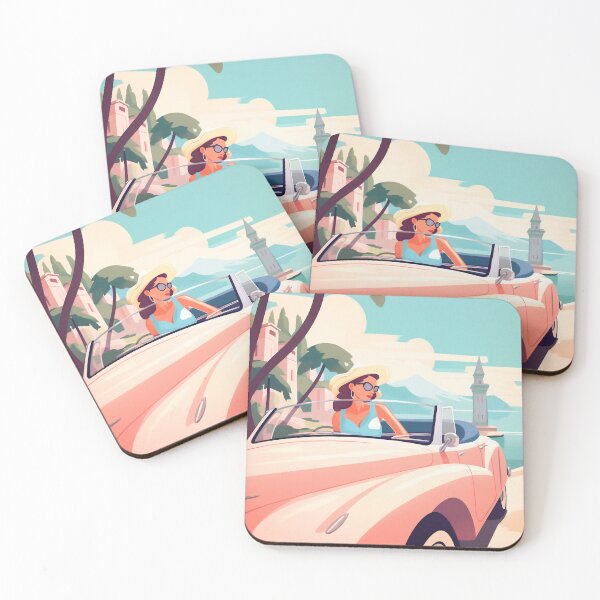 Item preview, Retro pastel color illustration of a girl driving in the mediterranean coast. designed and sold by GoldenTimesCafe.