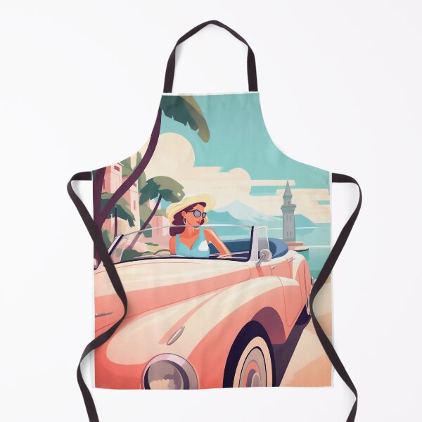 Item preview, Retro pastel color illustration of a girl driving in the mediterranean coast. designed and sold by GoldenTimesCafe.