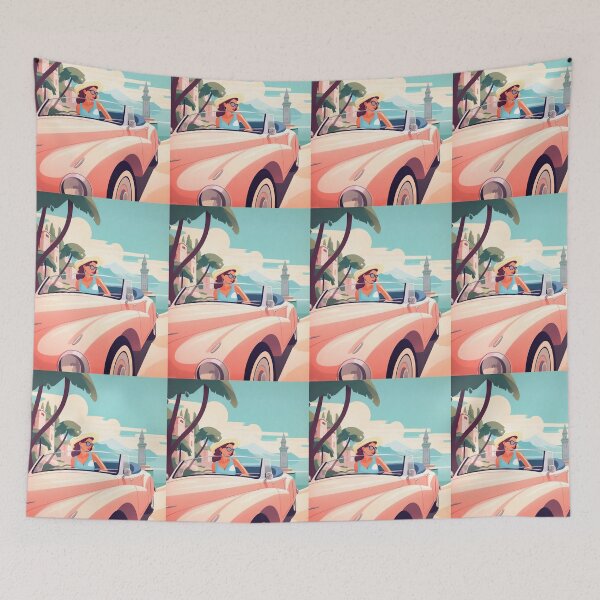 Item preview, Retro pastel color illustration of a girl driving in the mediterranean coast. designed and sold by GoldenTimesCafe.