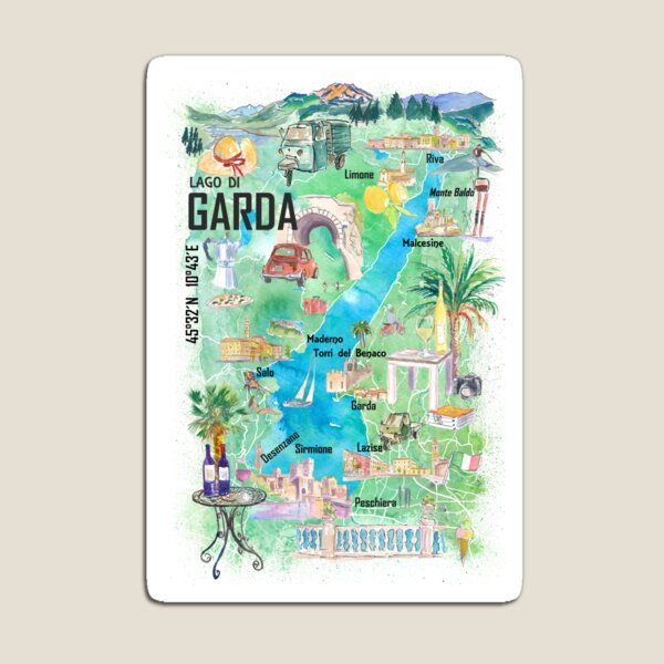 Vista previa del artículo con la obra «Mapa ilustrado del lago de Garda, Italia, con carreteras y lugares turísticos destacados», diseñado y vendido por artshop77.