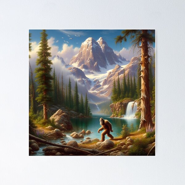Majestic Mountain Landscape With Bigfoot at Dusk Poster