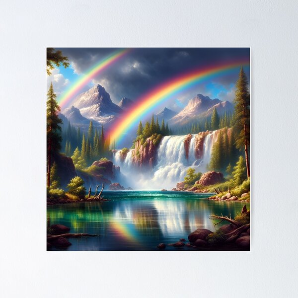 Double Rainbow Over Mountain Waterfalls Poster