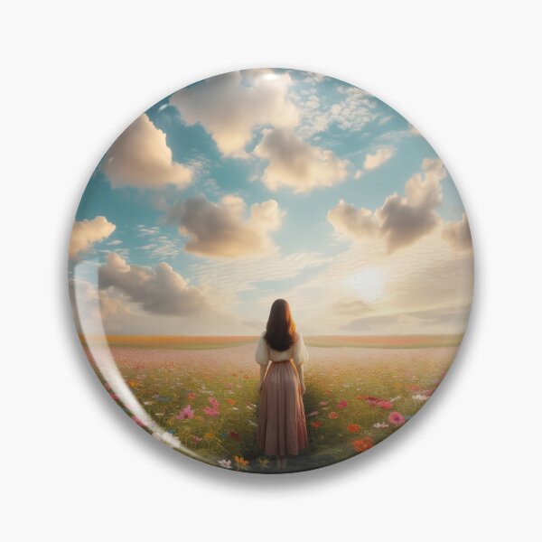 Item preview, Woman standing in the middle of a flower field with gentle clouds in the sky designed and sold by AndreaMart.