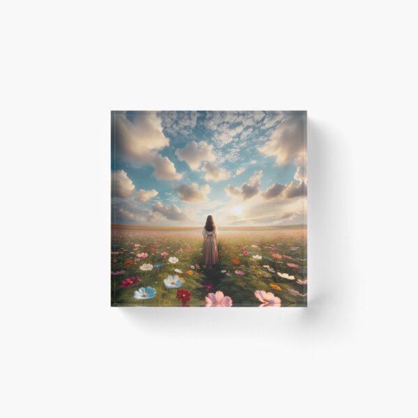 Item preview, Woman standing in the middle of a flower field with gentle clouds in the sky designed and sold by AndreaMart.