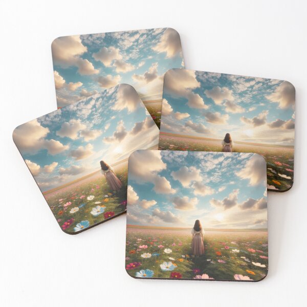 Item preview, Woman standing in the middle of a flower field with gentle clouds in the sky designed and sold by AndreaMart.