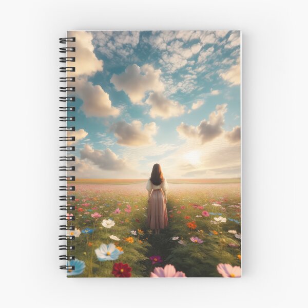 Item preview, Woman standing in the middle of a flower field with gentle clouds in the sky designed and sold by AndreaMart.