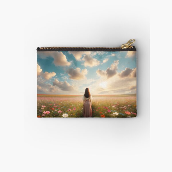 Item preview, Woman standing in the middle of a flower field with gentle clouds in the sky designed and sold by AndreaMart.