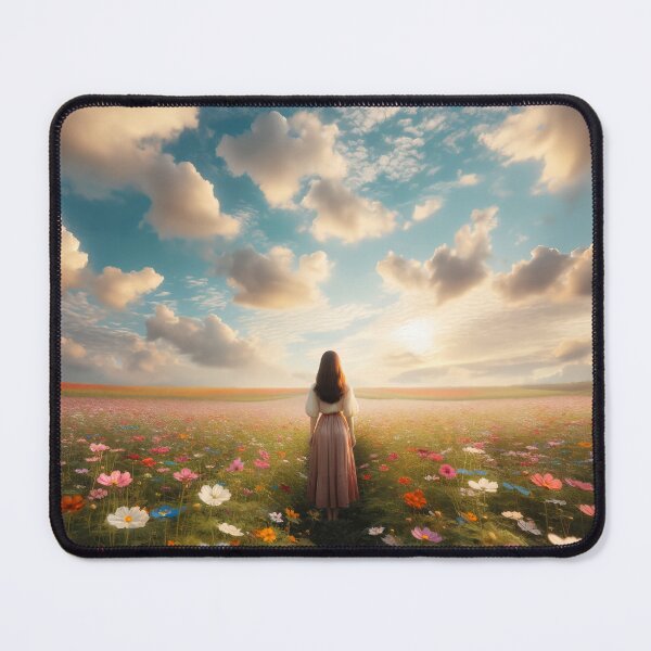 Item preview, Woman standing in the middle of a flower field with gentle clouds in the sky designed and sold by AndreaMart.