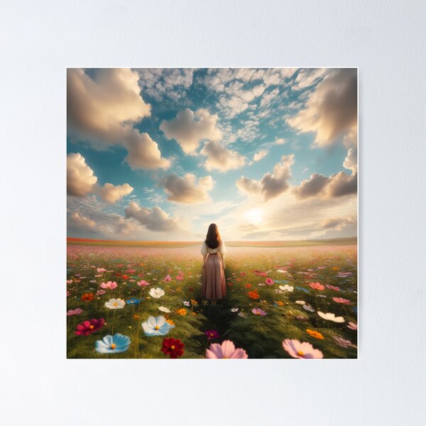 Item preview, Woman standing in the middle of a flower field with gentle clouds in the sky designed and sold by AndreaMart.