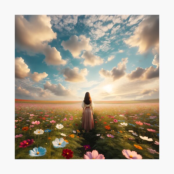 Item preview, Woman standing in the middle of a flower field with gentle clouds in the sky designed and sold by AndreaMart.