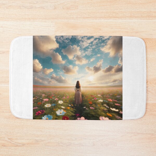 Item preview, Woman standing in the middle of a flower field with gentle clouds in the sky designed and sold by AndreaMart.
