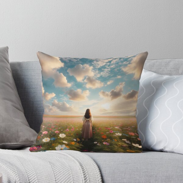 Item preview, Woman standing in the middle of a flower field with gentle clouds in the sky designed and sold by AndreaMart.