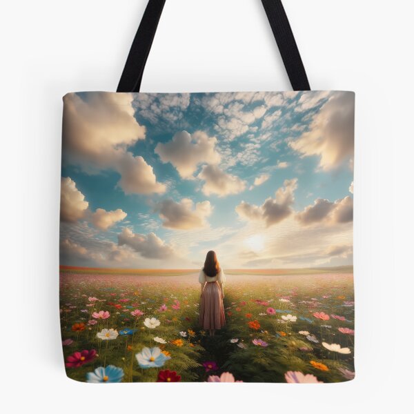 Item preview, Woman standing in the middle of a flower field with gentle clouds in the sky designed and sold by AndreaMart.