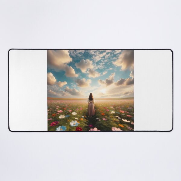 Item preview, Woman standing in the middle of a flower field with gentle clouds in the sky designed and sold by AndreaMart.