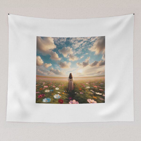 Item preview, Woman standing in the middle of a flower field with gentle clouds in the sky designed and sold by AndreaMart.