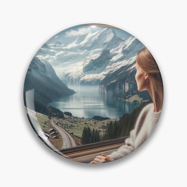 Item preview, Woman traveling by train through alpine scenery, with views of snow-capped mountains and lakes designed and sold by AndreaMart.