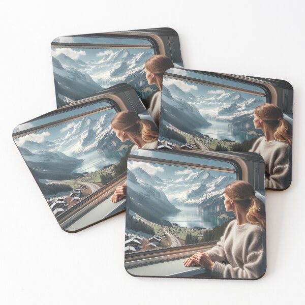 Item preview, Woman traveling by train through alpine scenery, with views of snow-capped mountains and lakes designed and sold by AndreaMart.