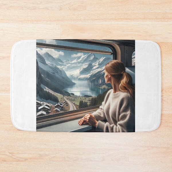 Item preview, Woman traveling by train through alpine scenery, with views of snow-capped mountains and lakes designed and sold by AndreaMart.