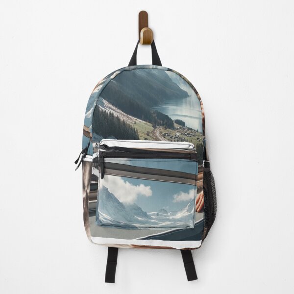 Item preview, Woman traveling by train through alpine scenery, with views of snow-capped mountains and lakes designed and sold by AndreaMart.