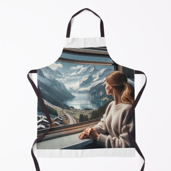 Item preview, Woman traveling by train through alpine scenery, with views of snow-capped mountains and lakes designed and sold by AndreaMart.