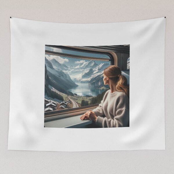 Item preview, Woman traveling by train through alpine scenery, with views of snow-capped mountains and lakes designed and sold by AndreaMart.