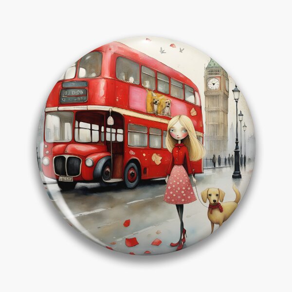 Item preview, Blond doll with dog in London, iconic Big Ben, Double decker red bus designed and sold by Coolparrotgirl.