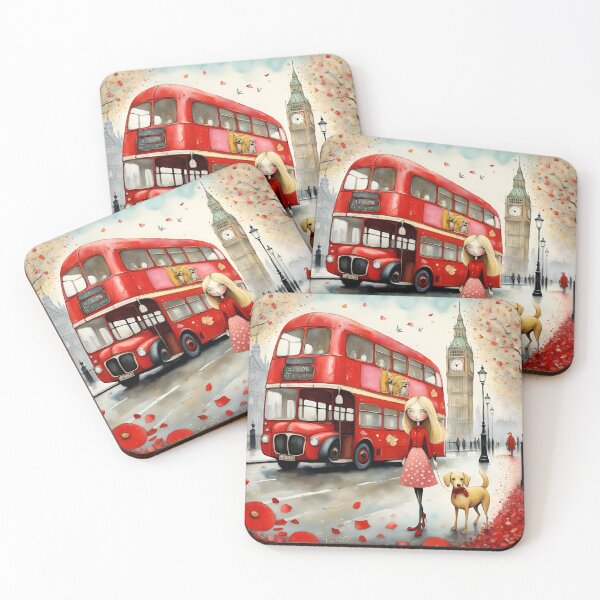 Item preview, Blond doll with dog in London, iconic Big Ben, Double decker red bus designed and sold by Coolparrotgirl.