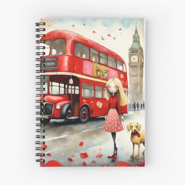 Item preview, Blond doll with dog in London, iconic Big Ben, Double decker red bus designed and sold by Coolparrotgirl.
