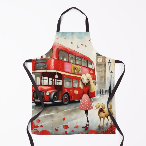 Item preview, Blond doll with dog in London, iconic Big Ben, Double decker red bus designed and sold by Coolparrotgirl.