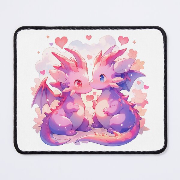 Aperçu de l'œuvre Mignons dragons heureux Kawaii amoureux en pastel rose et violet créée et vendue par CozyKawaiiArt.