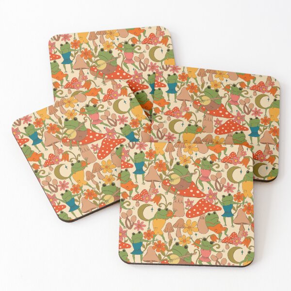 Item preview, Cottagecore frogs toadstools mushrooms vintage inspired seventies style frog print designed and sold by Kimmygowland.