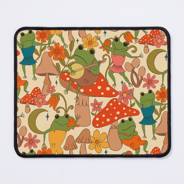 Item preview, Cottagecore frogs toadstools mushrooms vintage inspired seventies style frog print designed and sold by Kimmygowland.