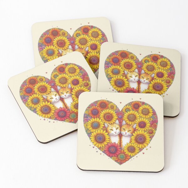 Item preview, Sunflowers Flowers Ginger Cats Love Heart Drawing Illustration Kittens designed and sold by CoffeeIsATrip.