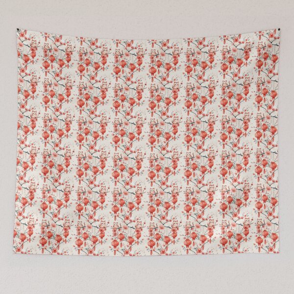 Item preview, Meow Year's Delight: Feline Lanterns & Cherry blossoms Pattern designed and sold by Dragan Kitic.