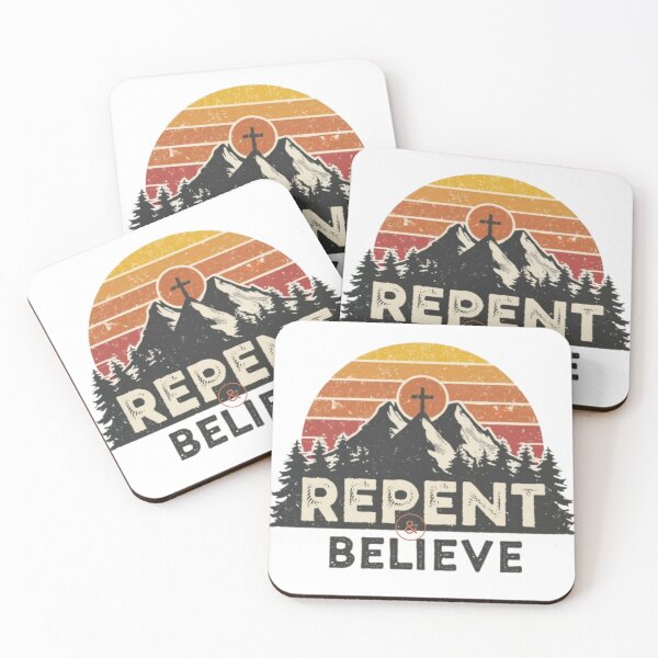 Item preview, Repent and Believe, Cross, Mountains and Trees Art designed and sold by Faithloveshop.