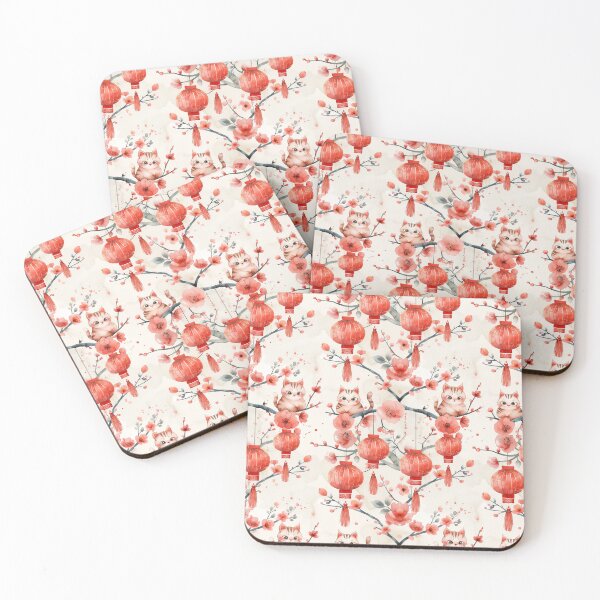 Item preview, Meow Year's Delight: Feline Lanterns & Cherry blossoms Pattern designed and sold by Dragan Kitic.