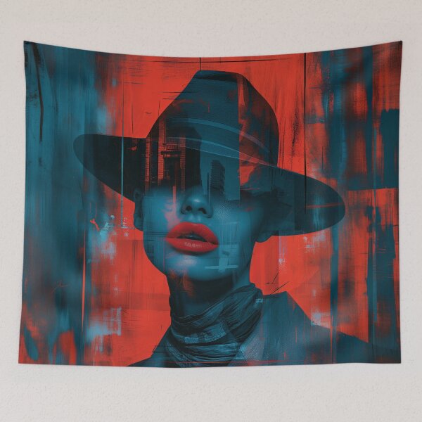 Item preview, Red Lips Hat Woman | Dark Teal Noir Glamour Portrait Art designed and sold by VUK VESOVIC.