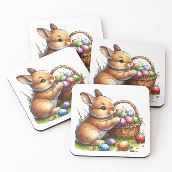 Item preview,  A baby rabbit is placing multicolored Easter eggs from a basket onto the green grass rolling them around playfully with its paws. designed and sold by PaintMeWorld.