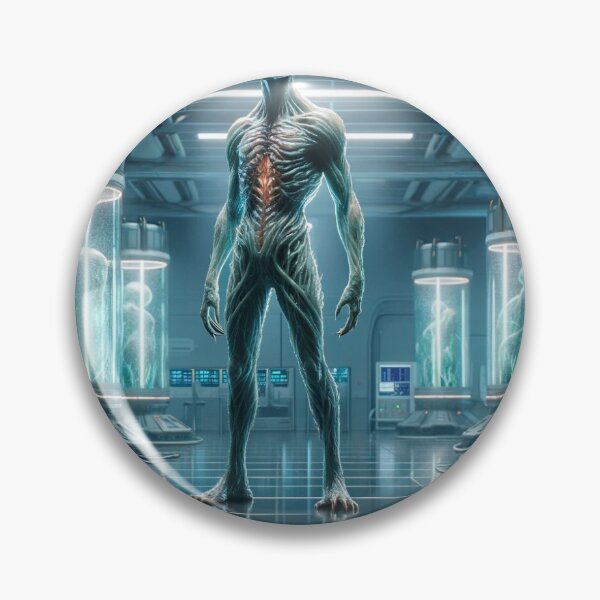 Item preview,  A horror protagonist stands in a sterile, futuristic lab, its appearance a result of advanced genetic splicing, visible through its semi-transparent  designed and sold by quantum X.