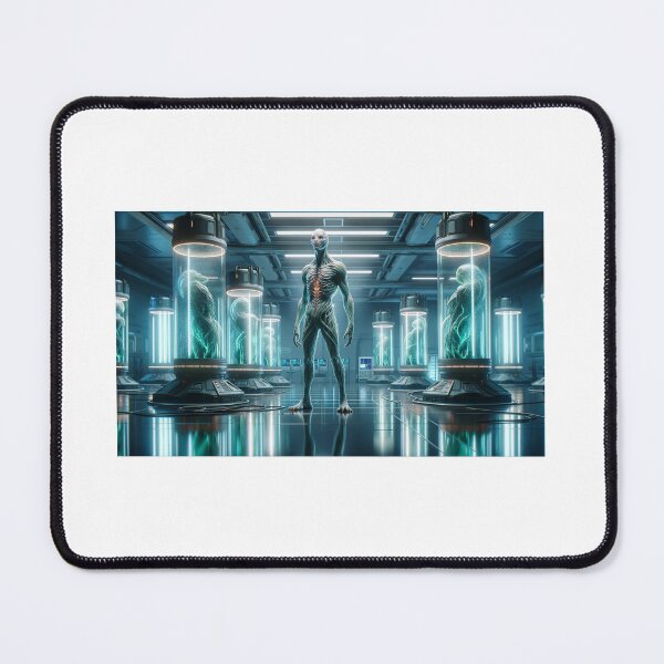 Item preview, A horror protagonist stands in a sterile, futuristic lab, its appearance a result of advanced genetic splicing, visible through its semi-transparent designed and sold by quantum X.
