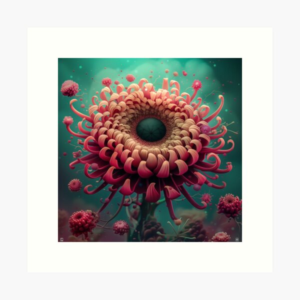 Imaginary and cosmic pink flower on a turquoise background. Alien flower Art Print