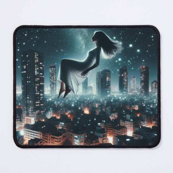 Item preview, Woman levitating above a night-time cityscape, with buildings that appear to be painted with stars designed and sold by AndreaMart.