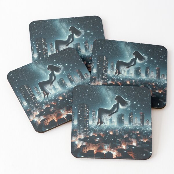 Item preview, Woman levitating above a night-time cityscape, with buildings that appear to be painted with stars designed and sold by AndreaMart.