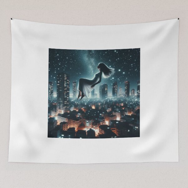 Item preview, Woman levitating above a night-time cityscape, with buildings that appear to be painted with stars designed and sold by AndreaMart.